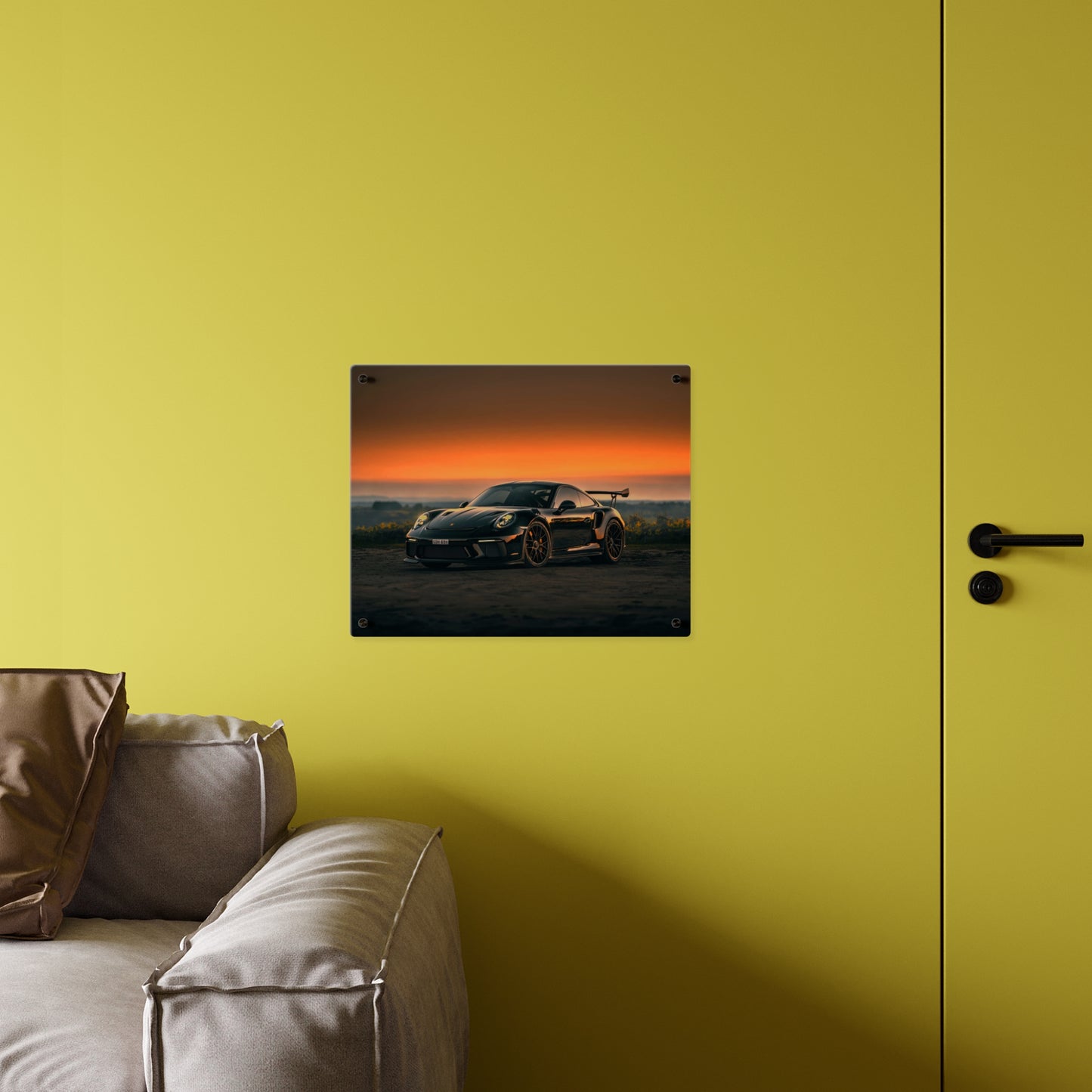 Acrylic Wall Art Panel — Black Porsche 911 gt3 rs high performance sports Car Sunset Photograph