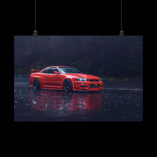 Red Nissan Skyline R34 Poster – Matte Horizontal Car Wall Art