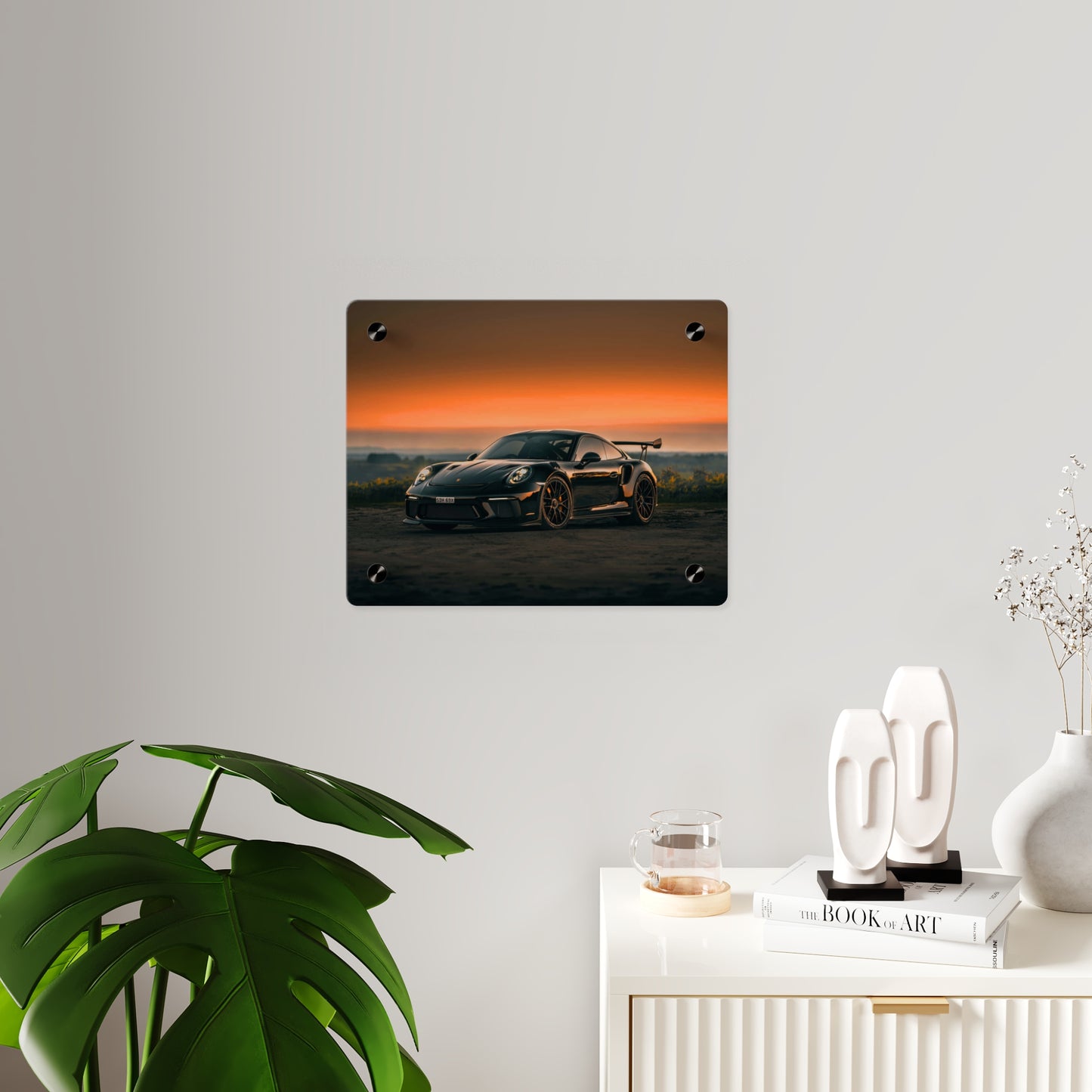 Acrylic Wall Art Panel — Black Porsche 911 gt3 rs high performance sports Car Sunset Photograph
