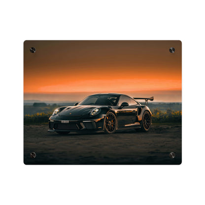 Acrylic Wall Art Panel — Black Porsche 911 gt3 rs high performance sports Car Sunset Photograph