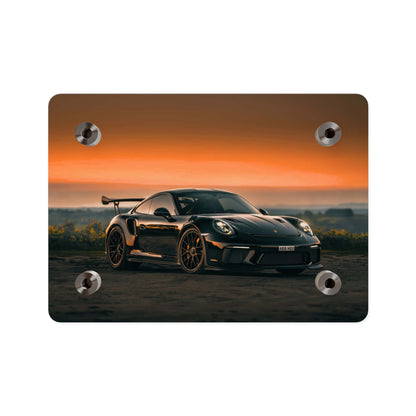 Acrylic Wall Art Panel — Black Porsche 911 gt3 rs high performance sports Car Sunset Photograph