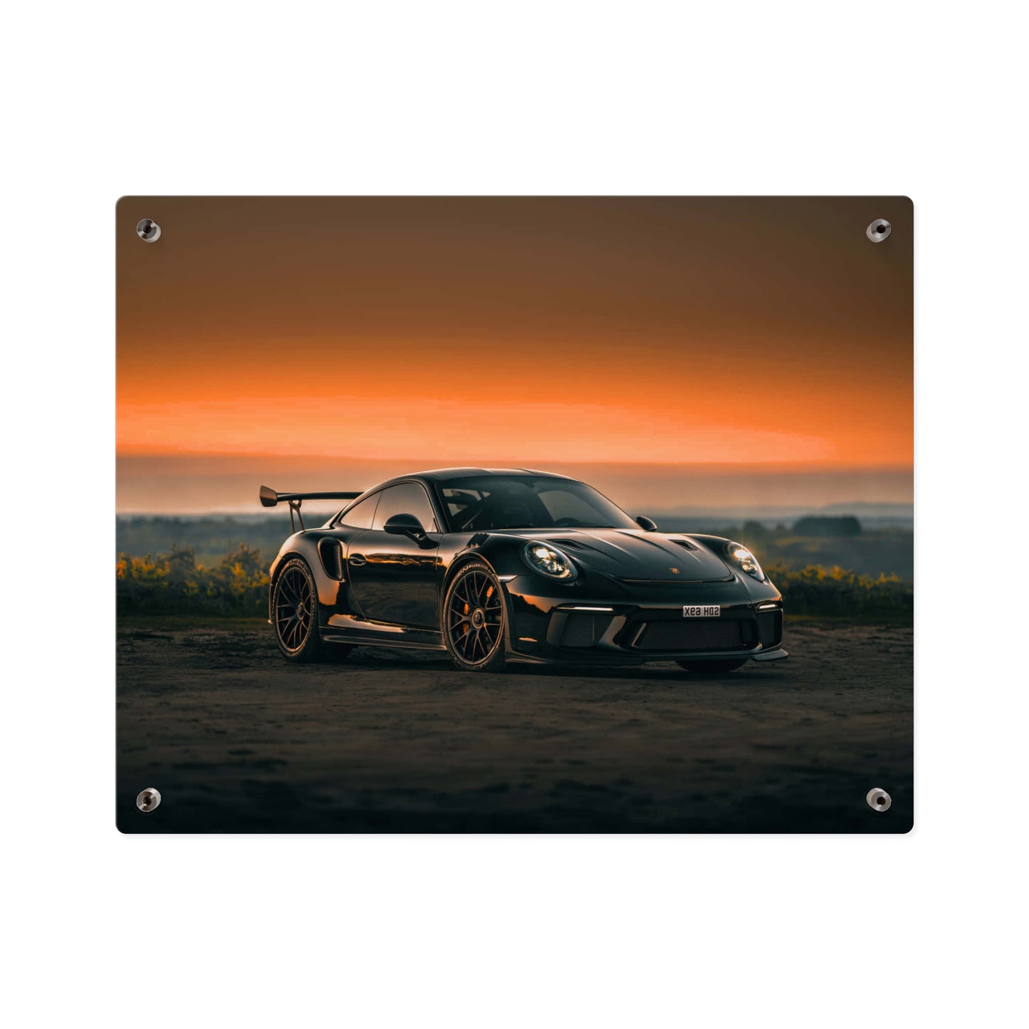 Acrylic Wall Art Panel — Black Porsche 911 gt3 rs high performance sports Car Sunset Photograph