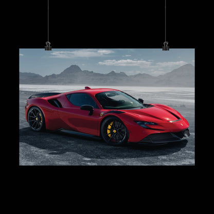 Red Ferrari SF90 Matte Poster — Horizontal Automotive Wall Art