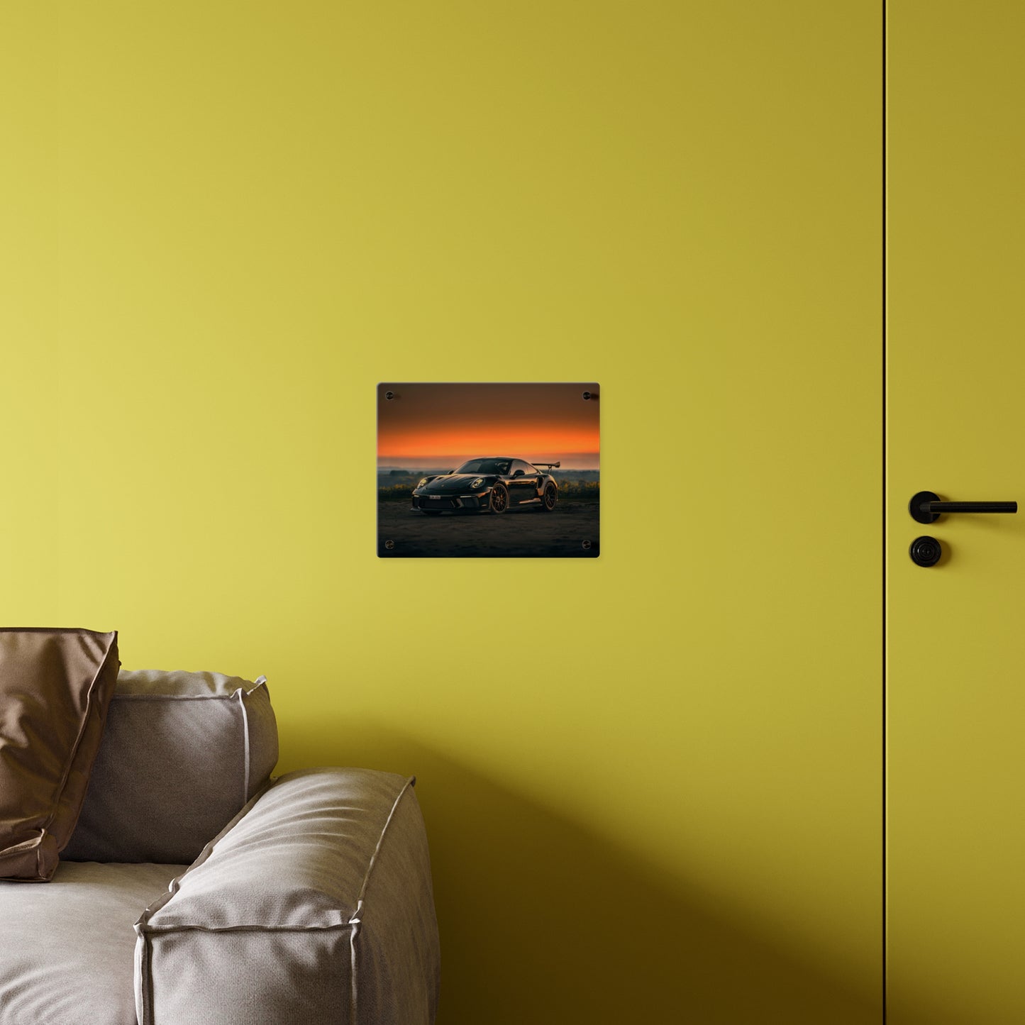 Acrylic Wall Art Panel — Black Porsche 911 gt3 rs high performance sports Car Sunset Photograph