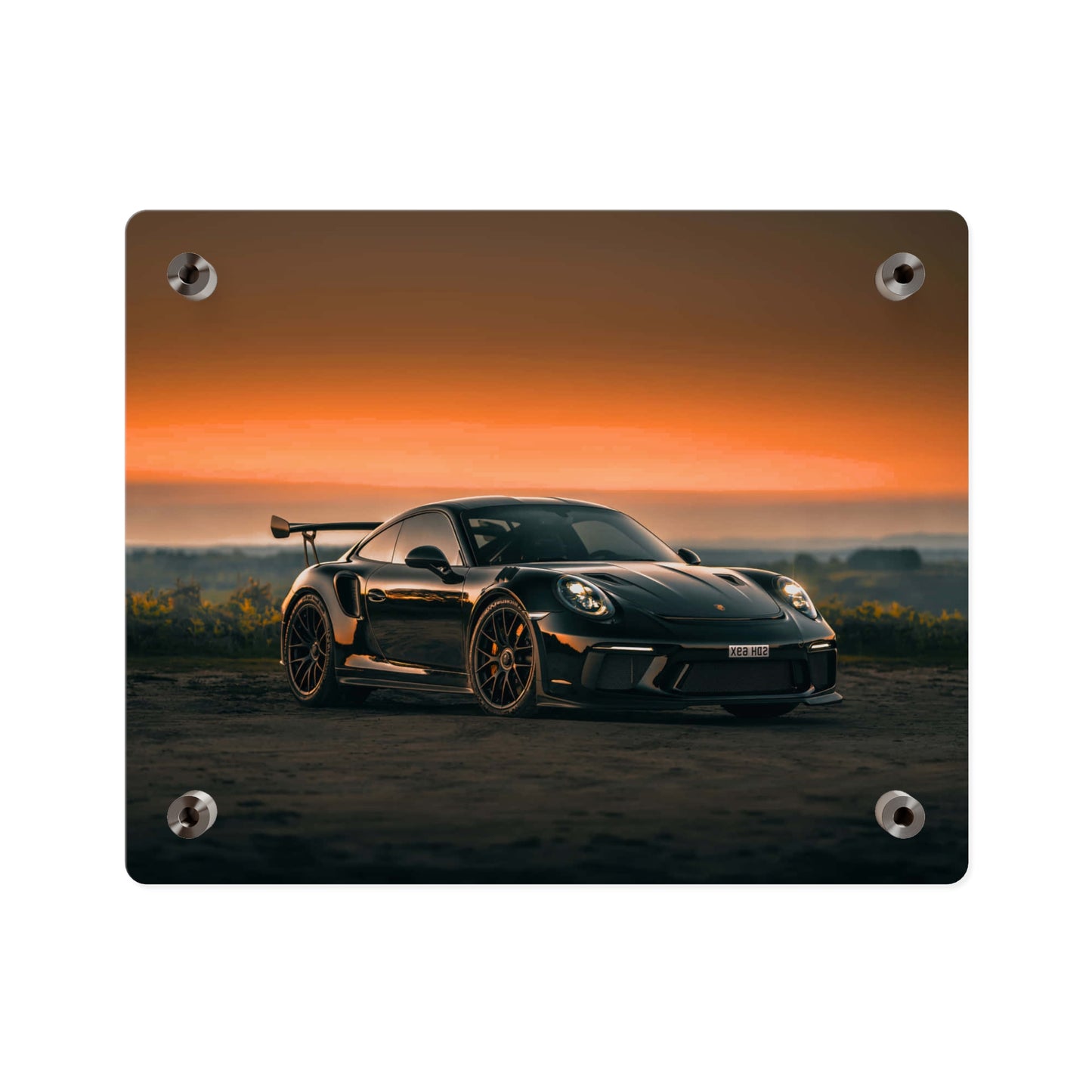Acrylic Wall Art Panel — Black Porsche 911 gt3 rs high performance sports Car Sunset Photograph