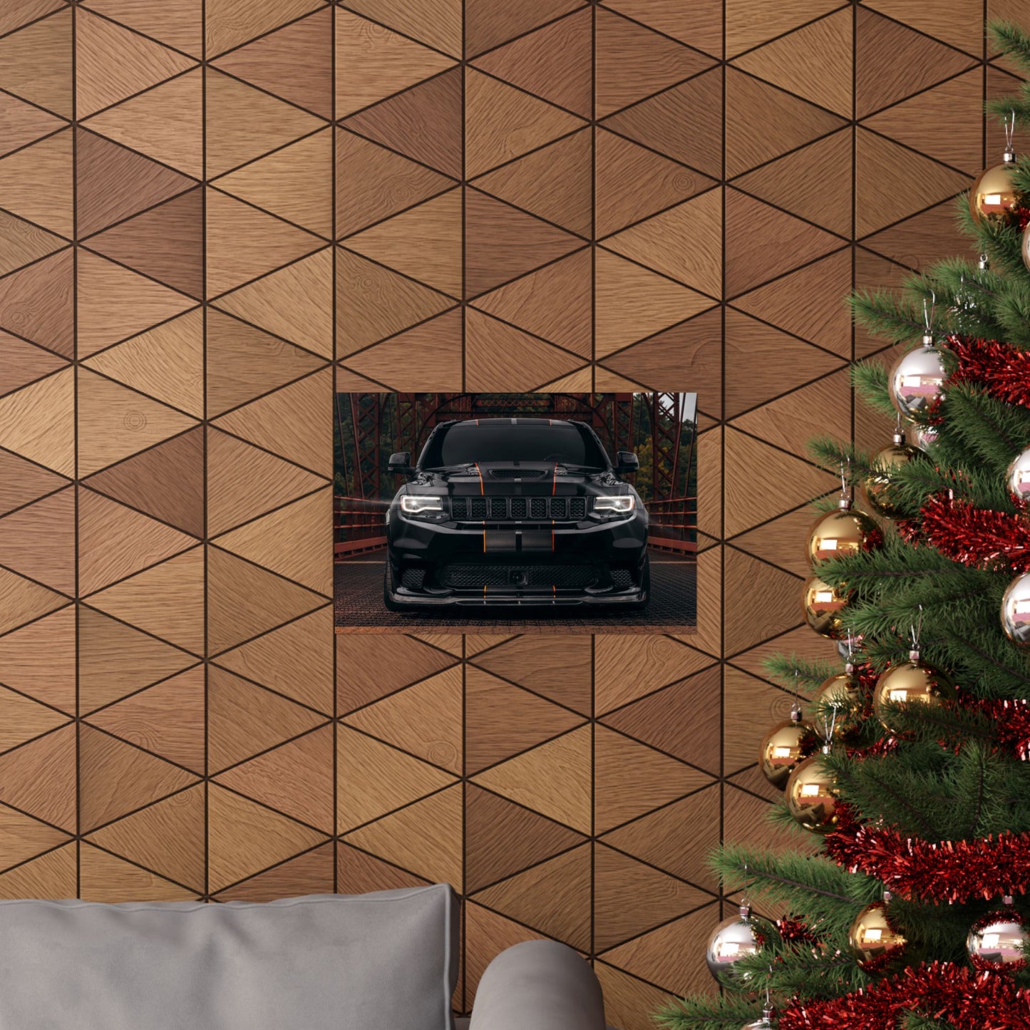 black Matte Poster "Jeep Cherokee srt trackhawk" — Black Muscle car SUV Front View (Horizontal)