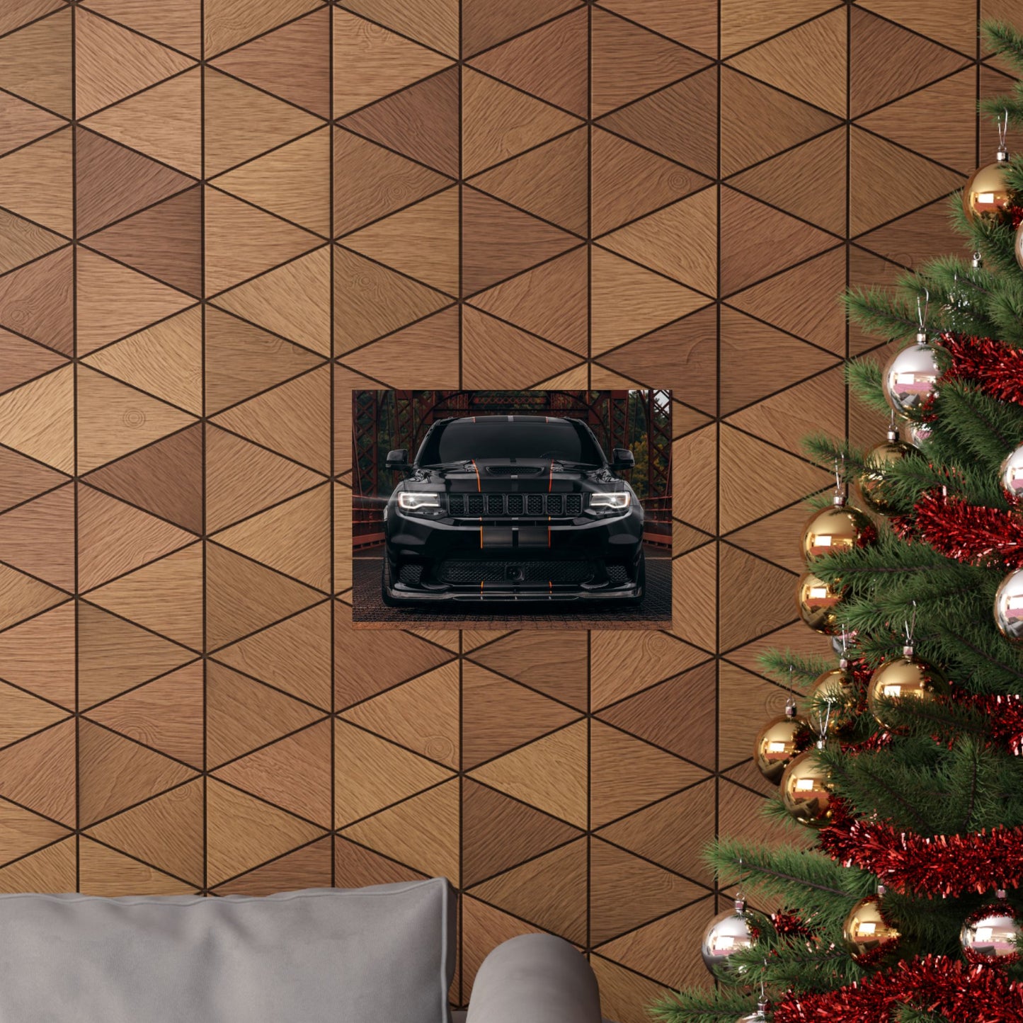 black Matte Poster "Jeep Cherokee srt trackhawk" — Black Muscle car SUV Front View (Horizontal)