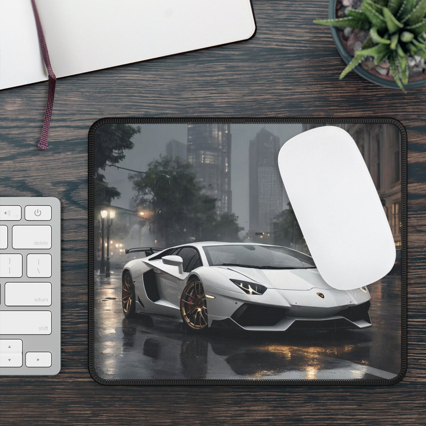 Lamborghini huracan Supercar Mouse Pad — Rainy City Street Racing Desk Mat inspired to fit gamers and car enthuseists