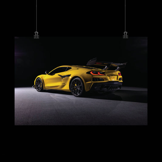 2025 Corvette C8 zr1 Matte Poster — Yellow Supercar Rear View Horizontal Print