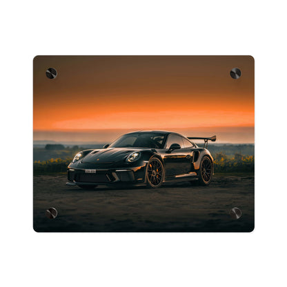 Acrylic Wall Art Panel — Black Porsche 911 gt3 rs high performance sports Car Sunset Photograph