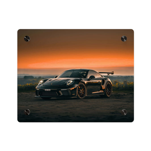 Acrylic Wall Art Panel — Black Porsche 911 gt3 rs high performance sports Car Sunset Photograph