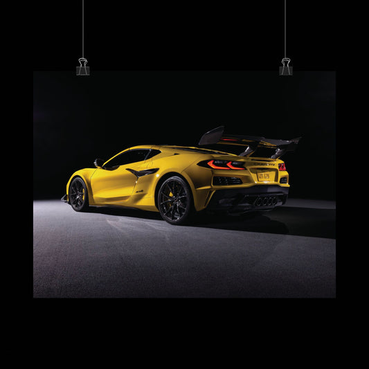2025 Corvette C8 zr1 Matte Poster — Yellow Supercar Rear View Horizontal Print
