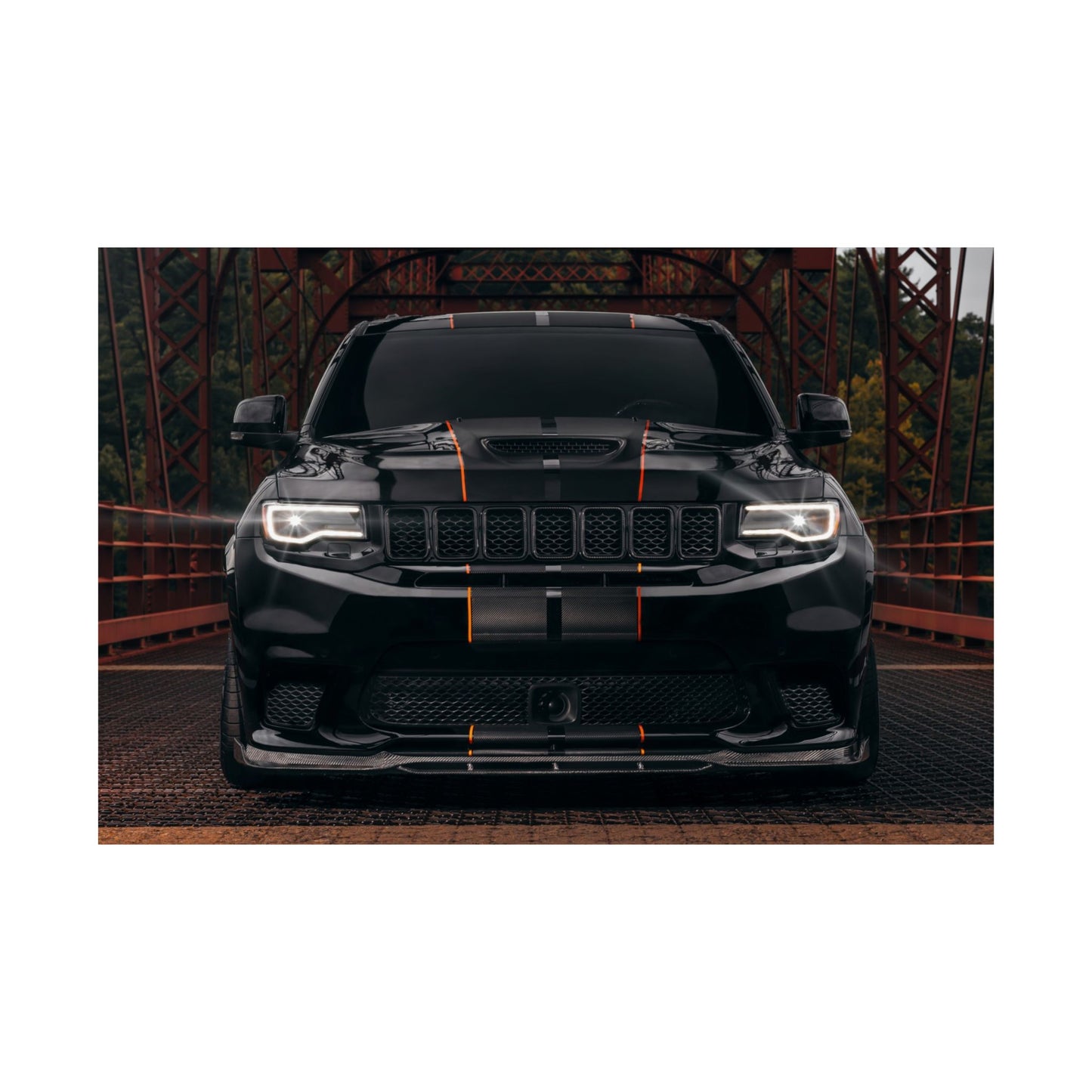black Matte Poster "Jeep Cherokee srt trackhawk" — Black Muscle car SUV Front View (Horizontal)