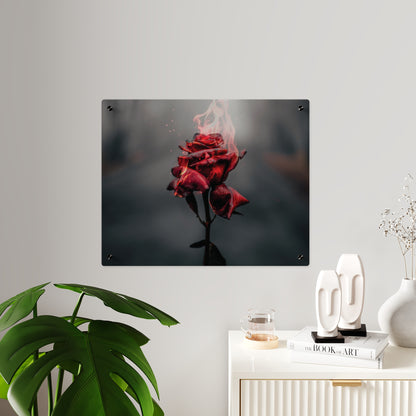 Acrylic Wall Art — Flaming Red Rose Floating Panel perfect Valentines day gift