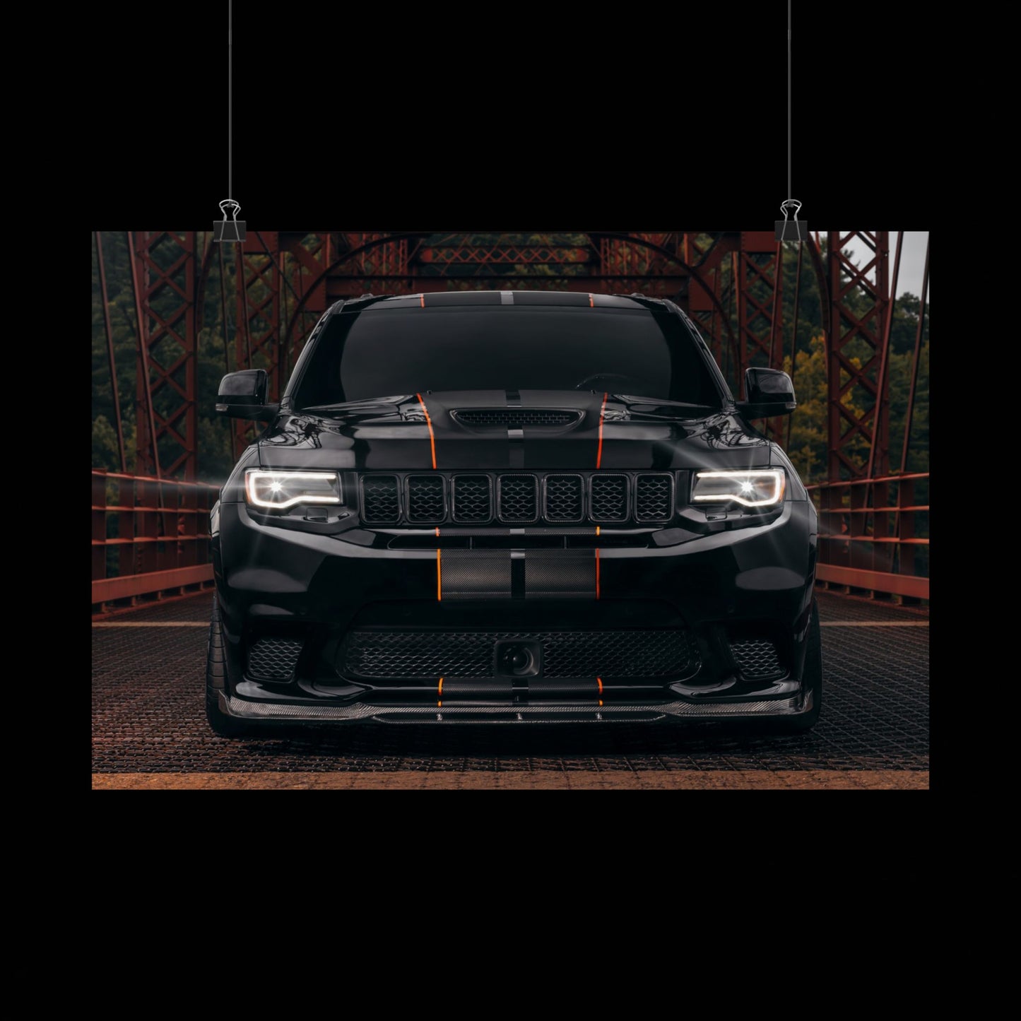 black Matte Poster "Jeep Cherokee srt trackhawk" — Black Muscle car SUV Front View (Horizontal)