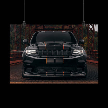 black Matte Poster "Jeep Cherokee srt trackhawk" — Black Muscle car SUV Front View (Horizontal)