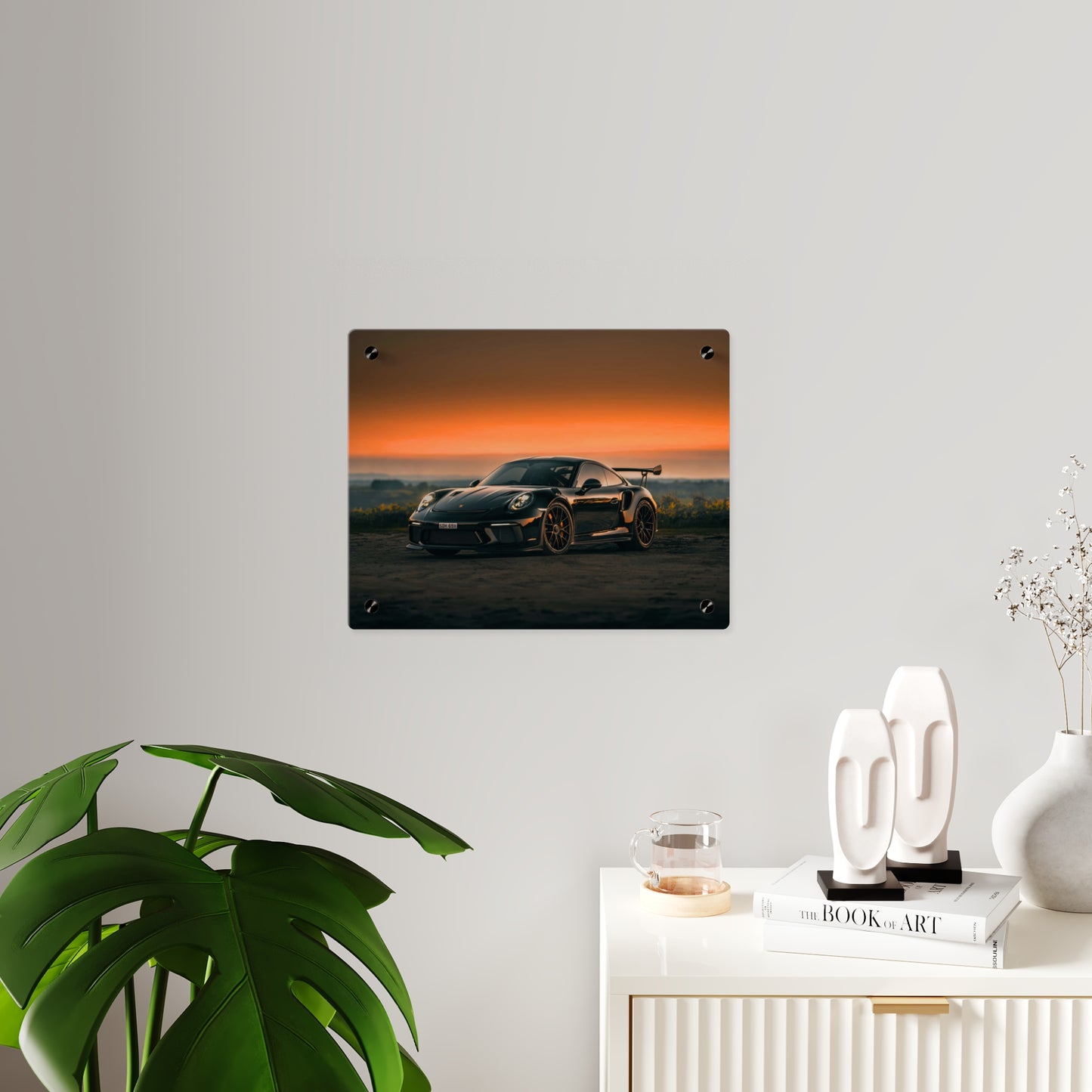 Acrylic Wall Art Panel — Black Porsche 911 gt3 rs high performance sports Car Sunset Photograph