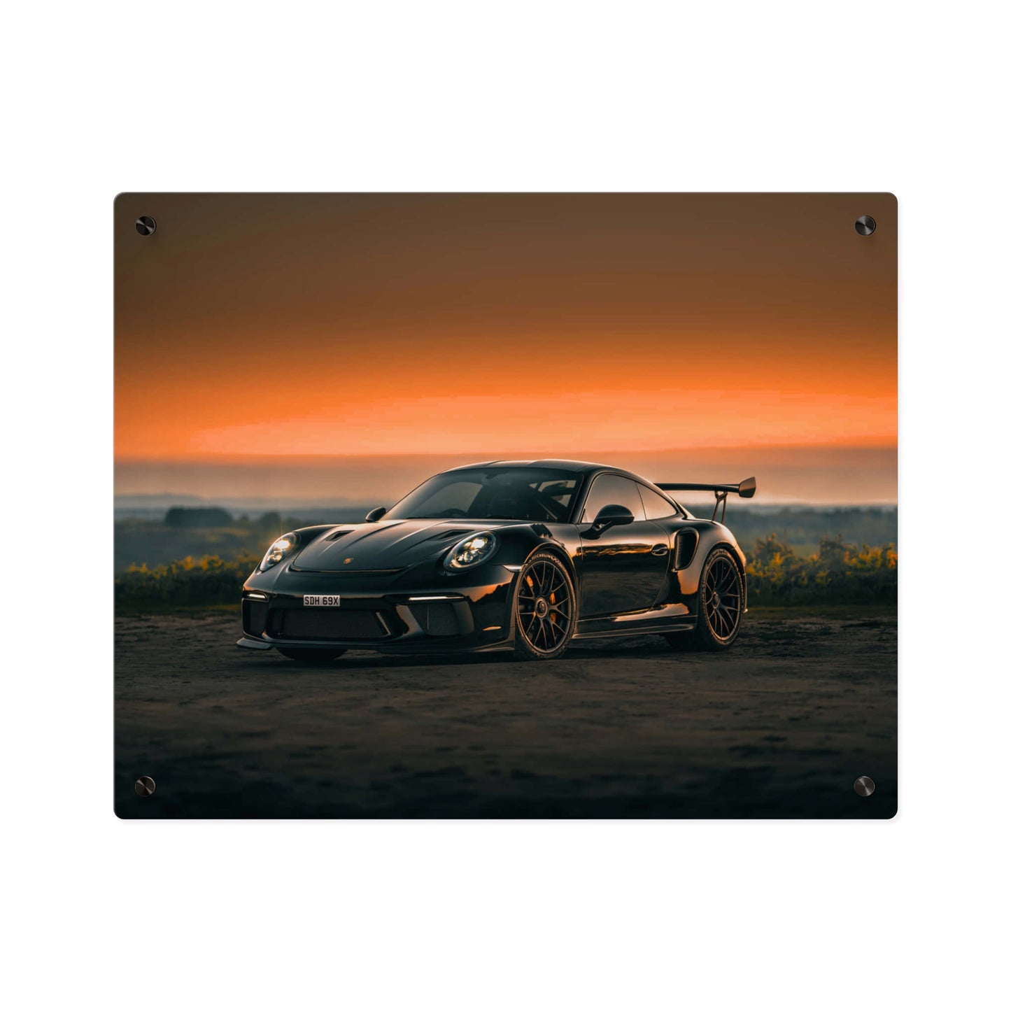 Acrylic Wall Art Panel — Black Porsche 911 gt3 rs high performance sports Car Sunset Photograph