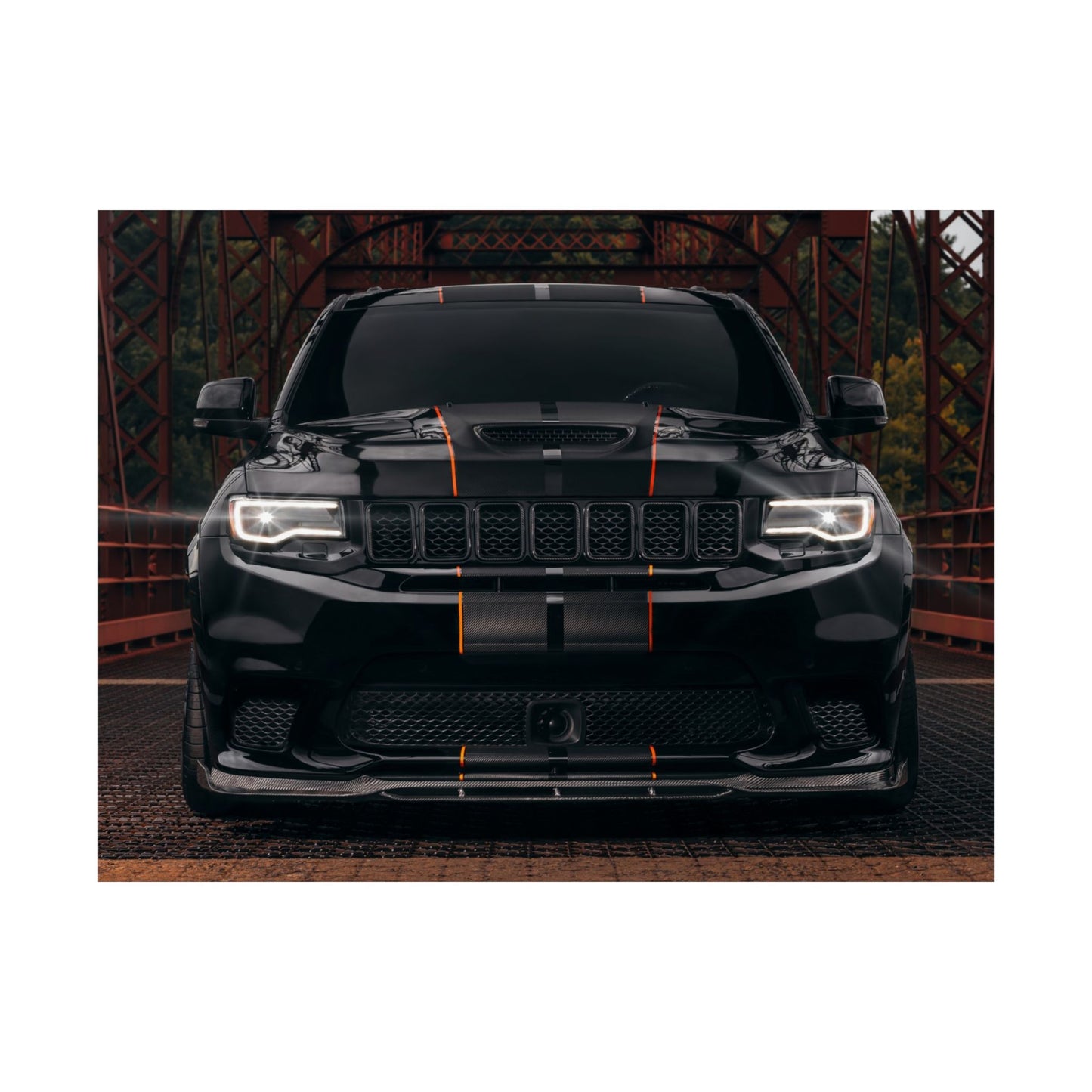 black Matte Poster "Jeep Cherokee srt trackhawk" — Black Muscle car SUV Front View (Horizontal)