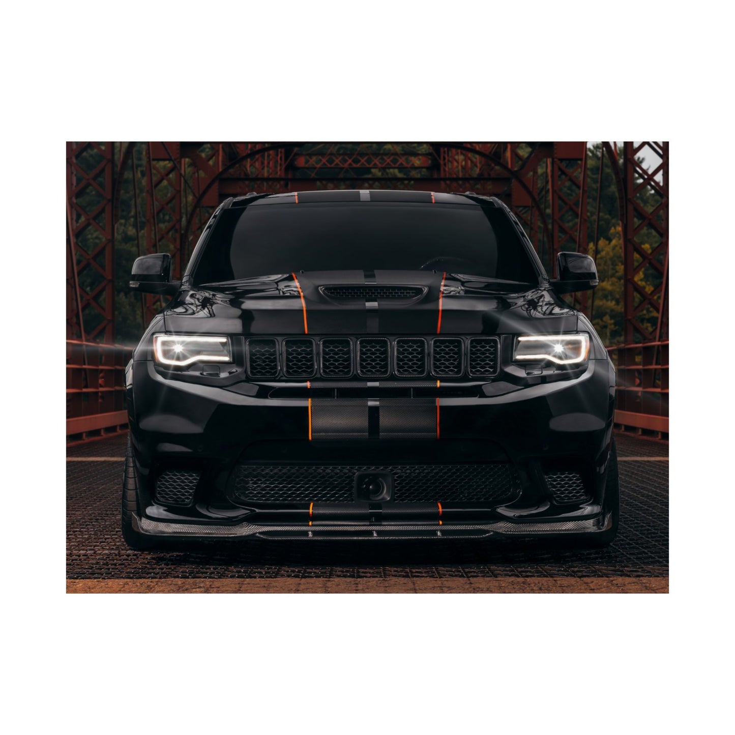 black Matte Poster "Jeep Cherokee srt trackhawk" — Black Muscle car SUV Front View (Horizontal)