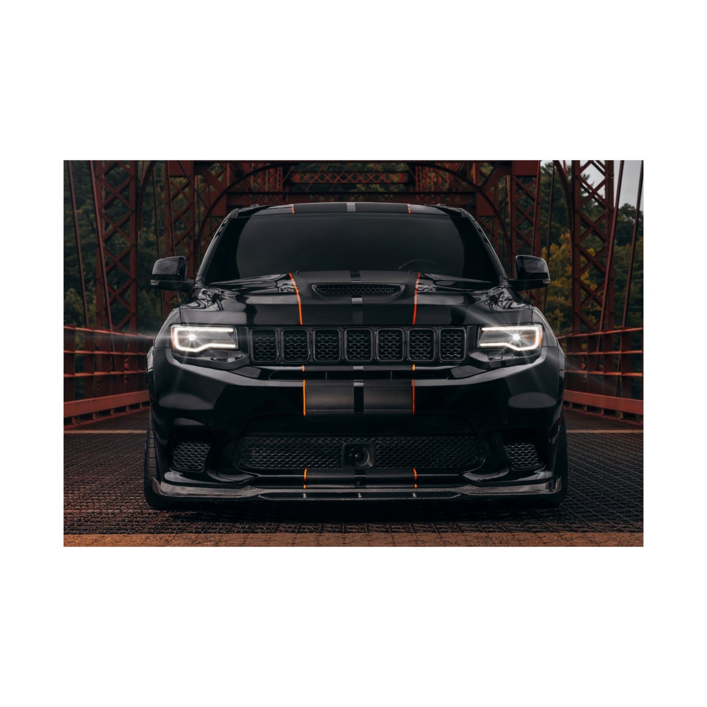 black Matte Poster "Jeep Cherokee srt trackhawk" — Black Muscle car SUV Front View (Horizontal)