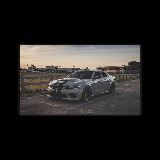 Dodge Charger srt Hellcat widebody inspired  Sunset Desk Mat — Racing Muscle Car Mouse Pad for Gamers & Auto Enthusiasts