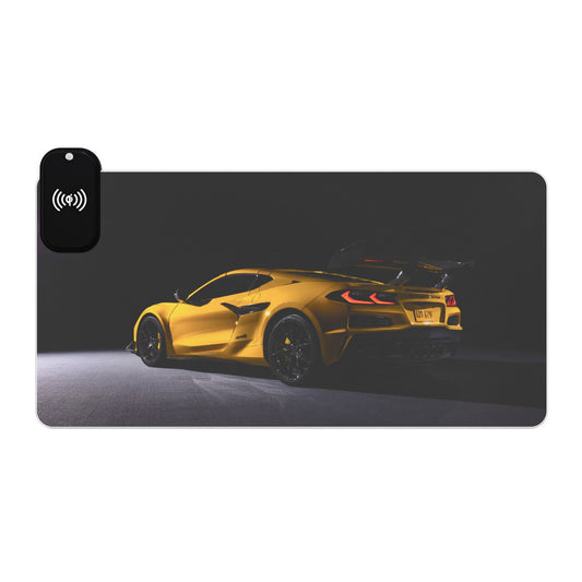 LED Wireless-Charging Gaming Mouse Pad "2025 Corvette c8 zr1" Themed — Yellow Supercar Design for car lovers/enthusiast's