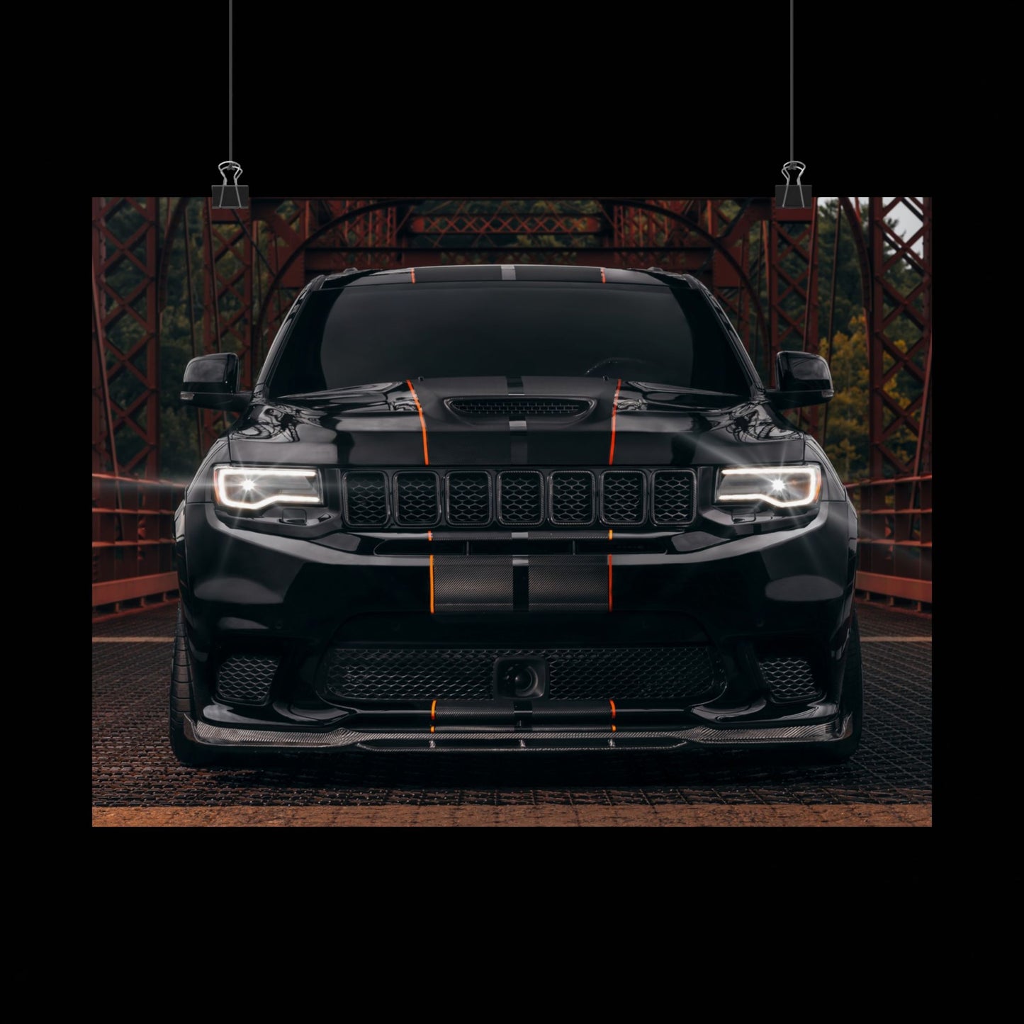black Matte Poster "Jeep Cherokee srt trackhawk" — Black Muscle car SUV Front View (Horizontal)