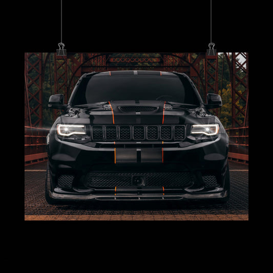 black Matte Poster "Jeep Cherokee srt trackhawk" — Black Muscle car SUV Front View (Horizontal)