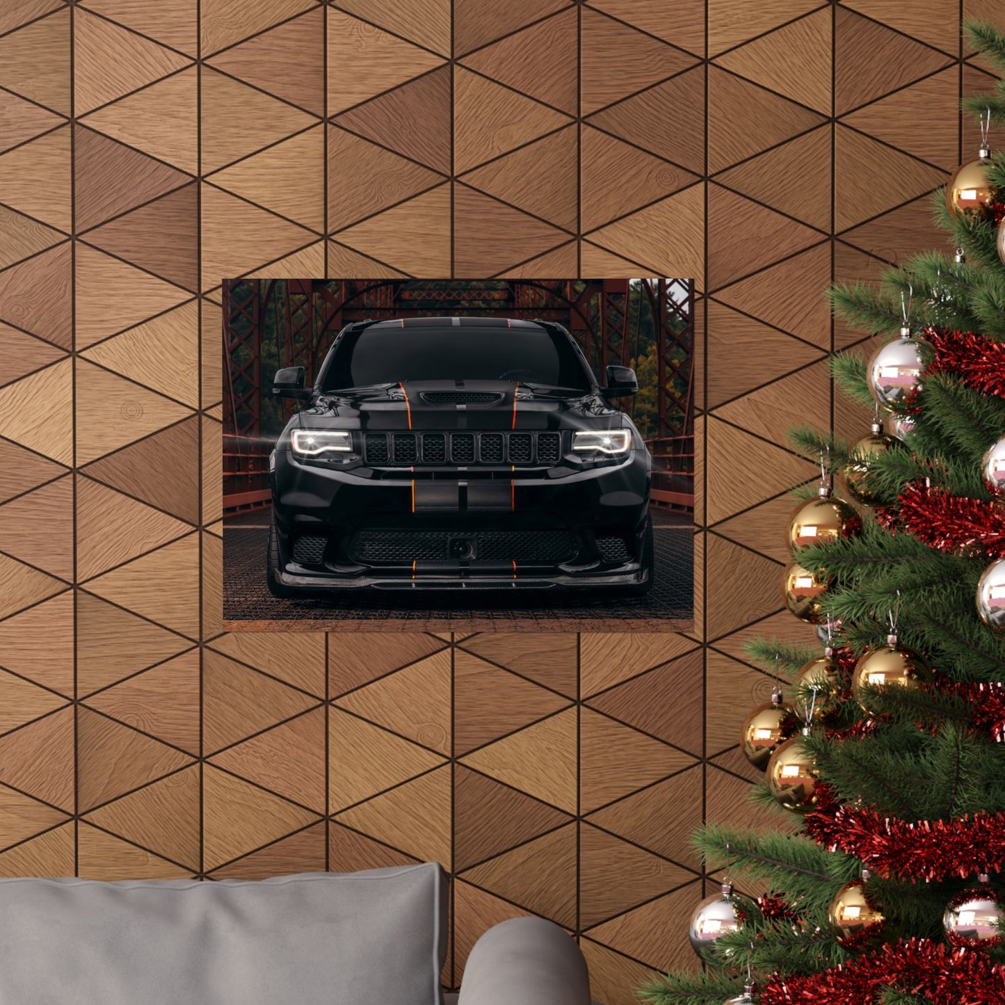 black Matte Poster "Jeep Cherokee srt trackhawk" — Black Muscle car SUV Front View (Horizontal)