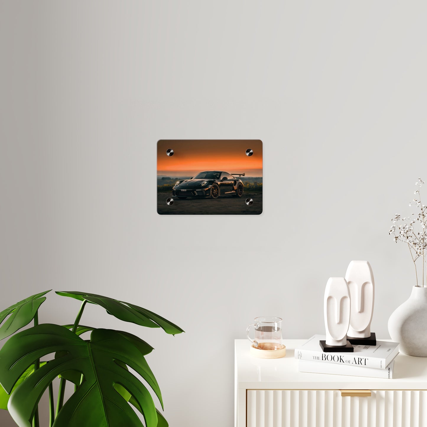 Acrylic Wall Art Panel — Black Porsche 911 gt3 rs high performance sports Car Sunset Photograph