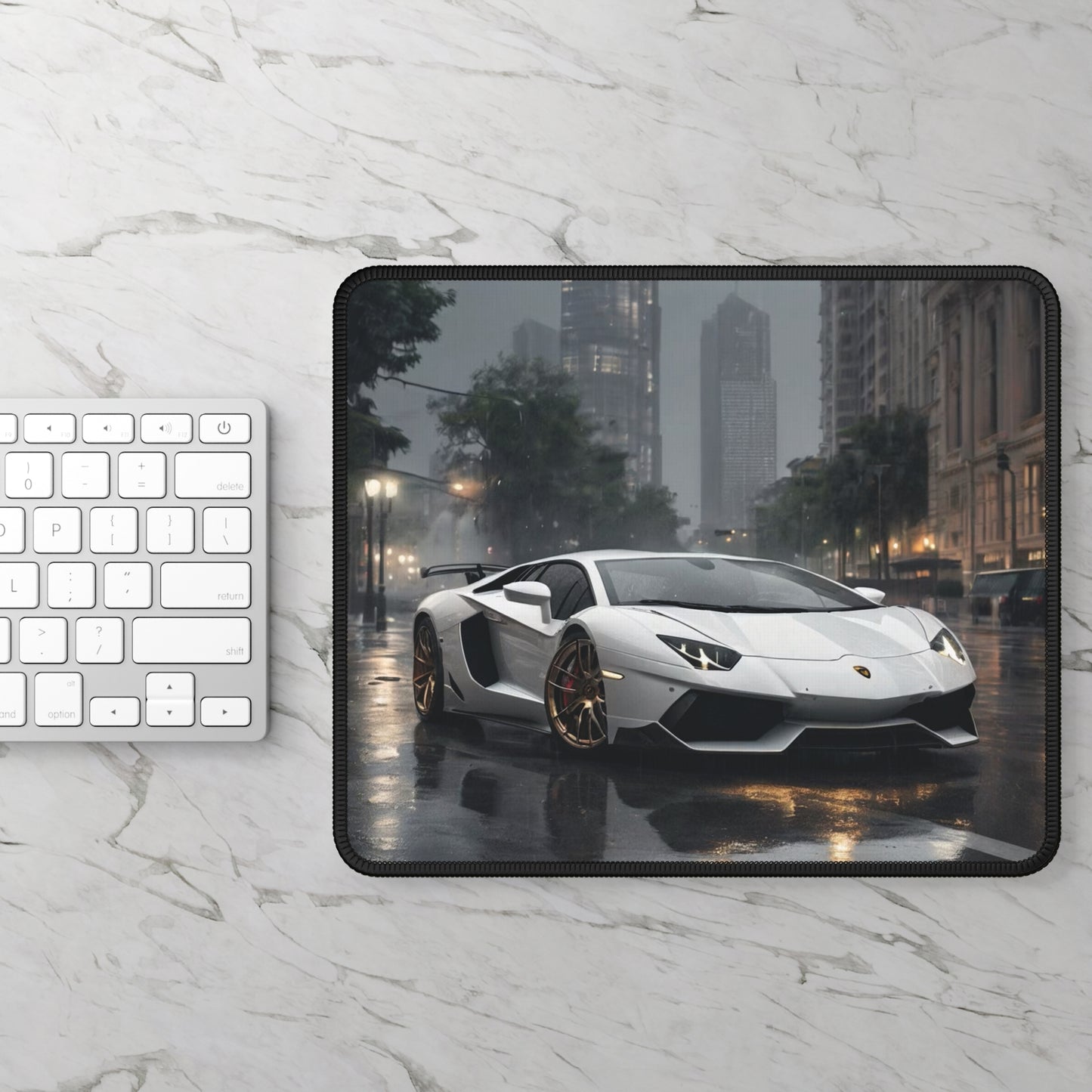 Lamborghini huracan Supercar Mouse Pad — Rainy City Street Racing Desk Mat inspired to fit gamers and car enthuseists