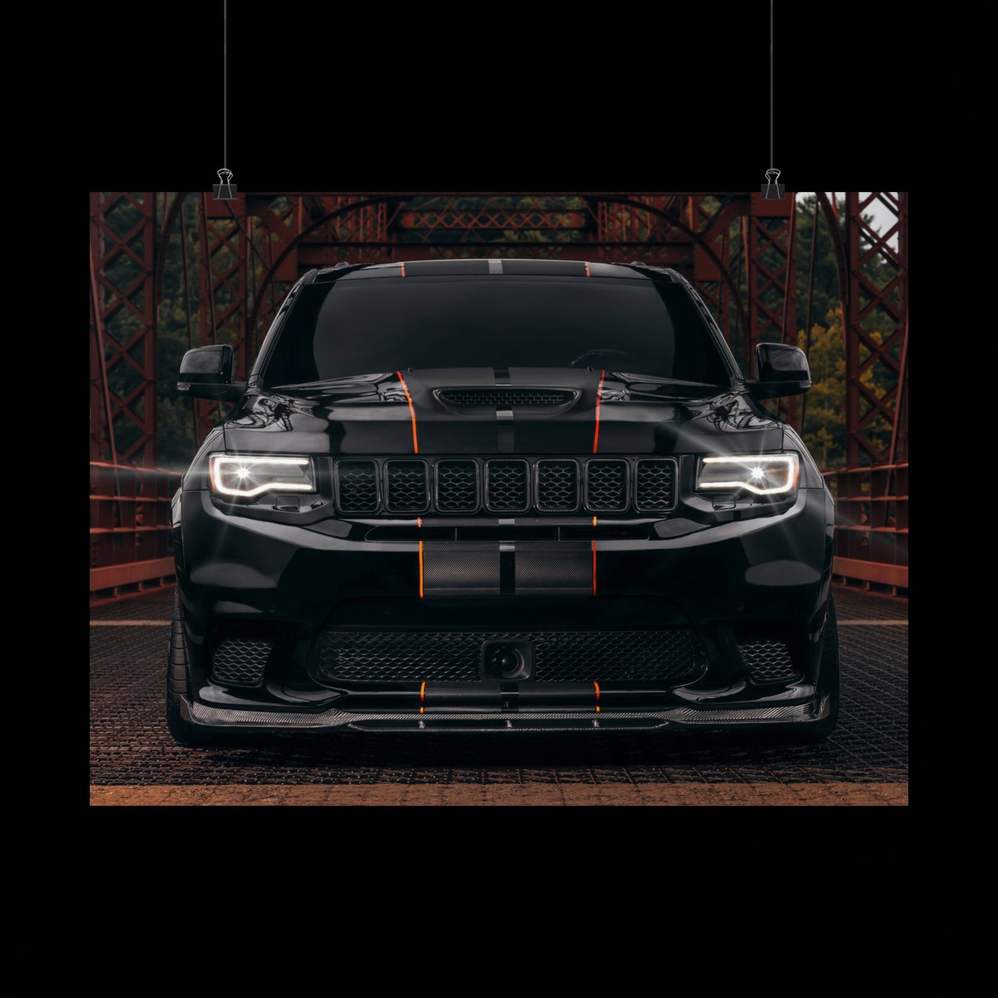 black Matte Poster "Jeep Cherokee srt trackhawk" — Black Muscle car SUV Front View (Horizontal)