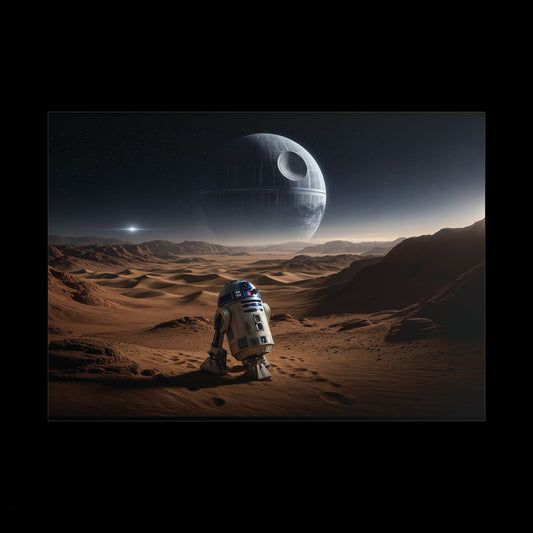 Star Wars Desert Poster — R2-D2 Landscape with Distant Death Star ship