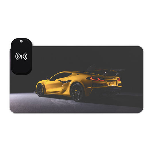 LED Wireless-Charging Gaming Mouse Pad "2025 Corvette c8 zr1" Themed — Yellow Supercar Design for car lovers/enthusiast's