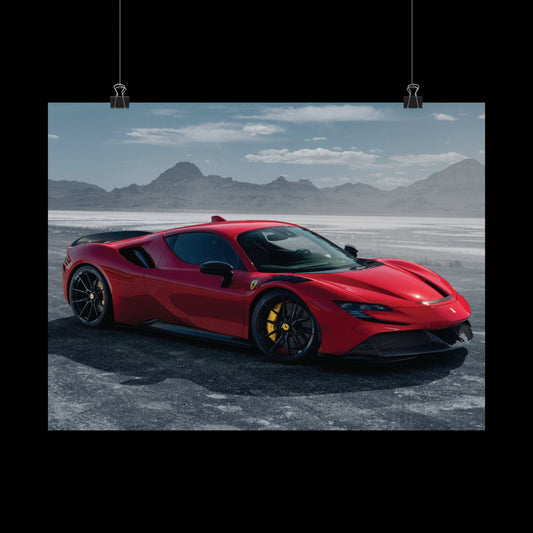 Red Ferrari SF90 Matte Poster — Horizontal Automotive Wall Art