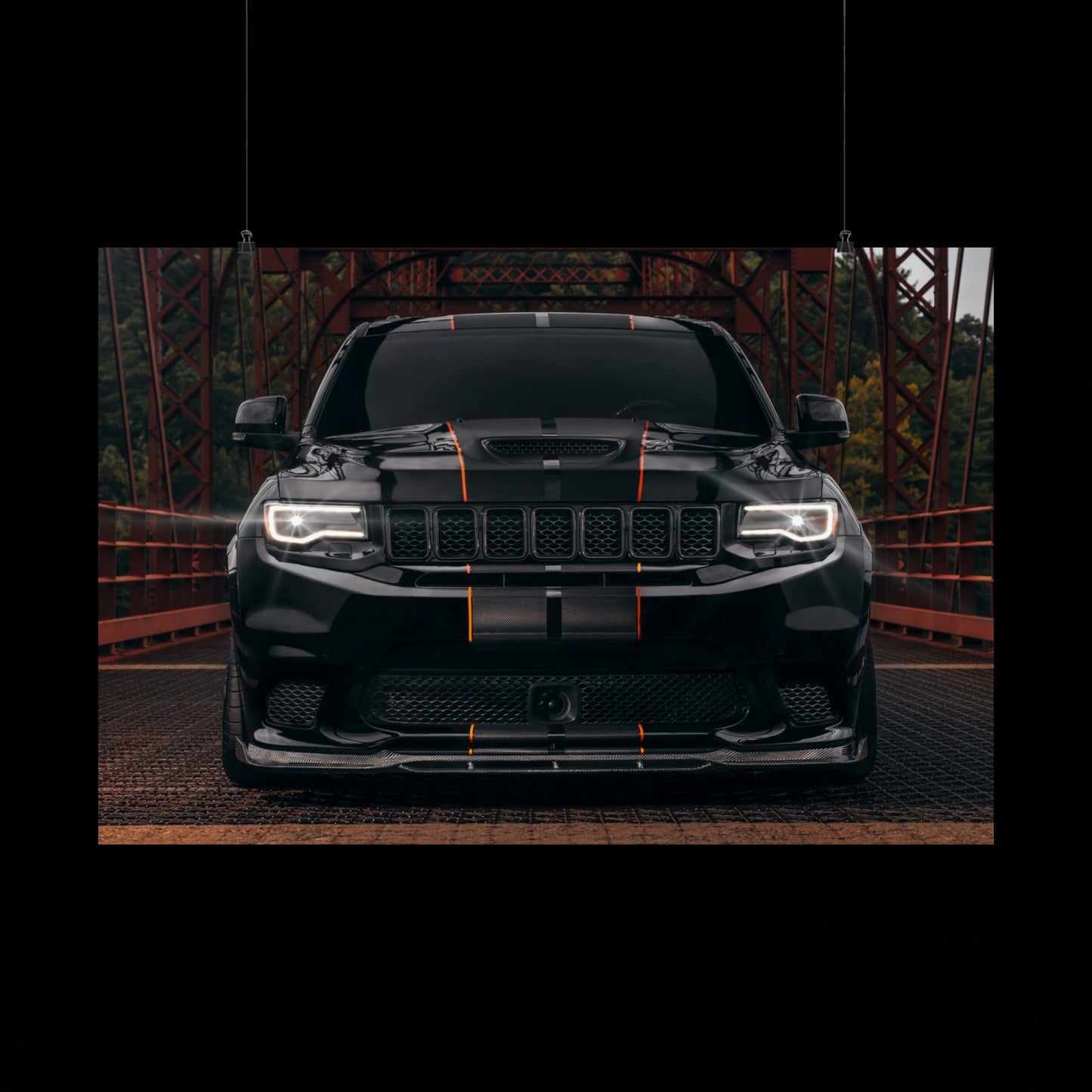 black Matte Poster "Jeep Cherokee srt trackhawk" — Black Muscle car SUV Front View (Horizontal)
