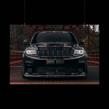 black Matte Poster "Jeep Cherokee srt trackhawk" — Black Muscle car SUV Front View (Horizontal)