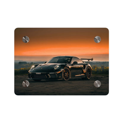 Acrylic Wall Art Panel — Black Porsche 911 gt3 rs high performance sports Car Sunset Photograph