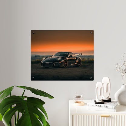Acrylic Wall Art Panel — Black Porsche 911 gt3 rs high performance sports Car Sunset Photograph